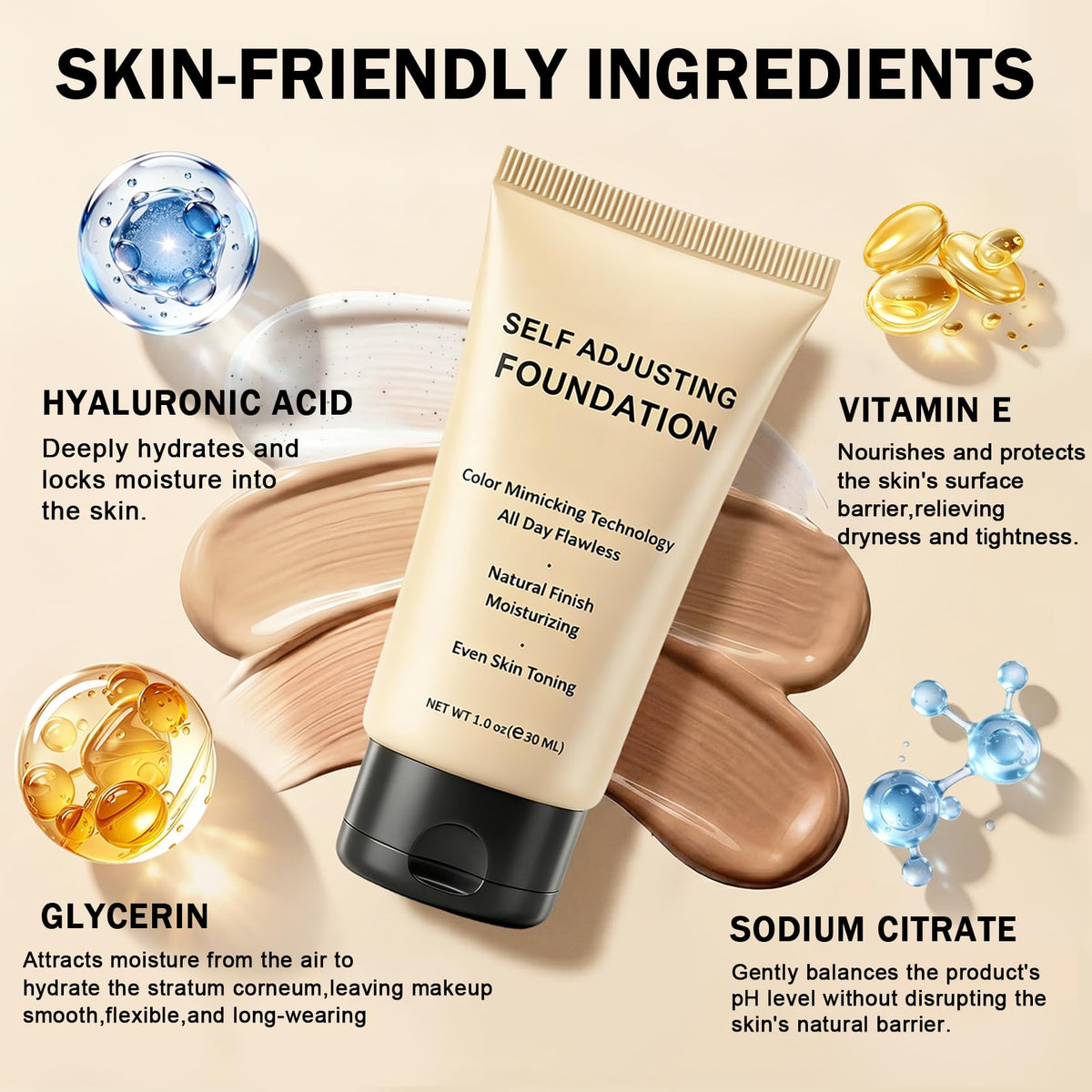 UAOE product label and ingredient panel, emphasizes skincare-infused formula