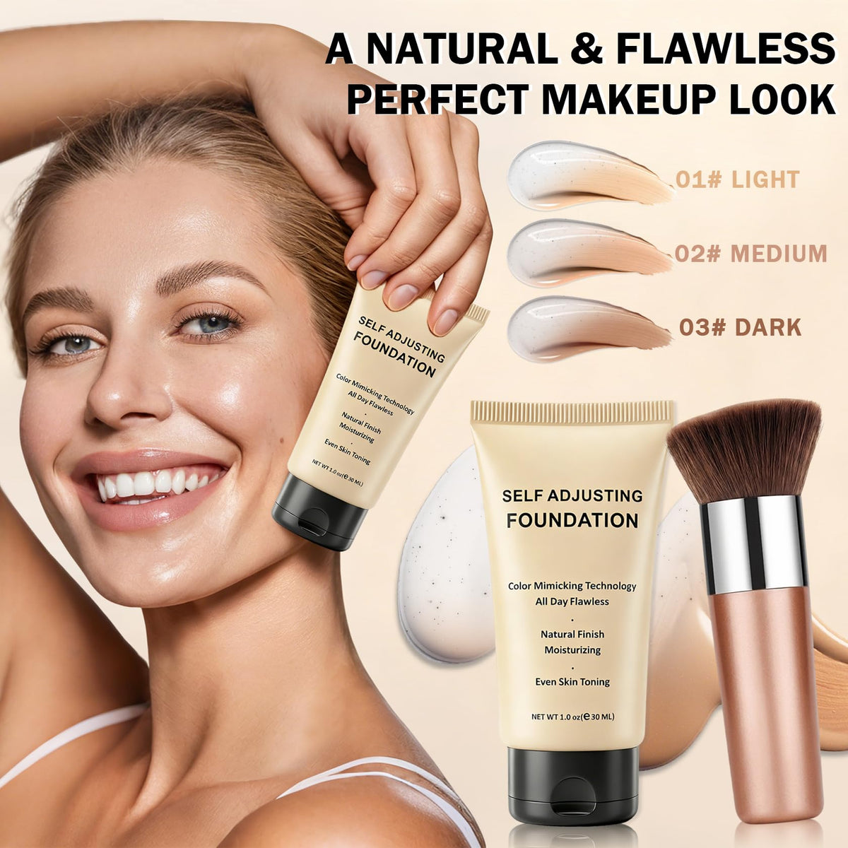 UAOE lifestyle shot of woman applying foundation, conveys radiant buildable coverage