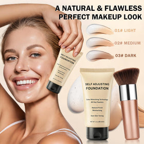 UAOE lifestyle shot of woman applying foundation, conveys radiant buildable coverage