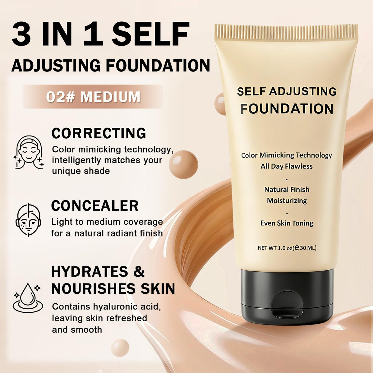 UAOE close-up of dewy foundation texture, shows moisturizing smooth finish