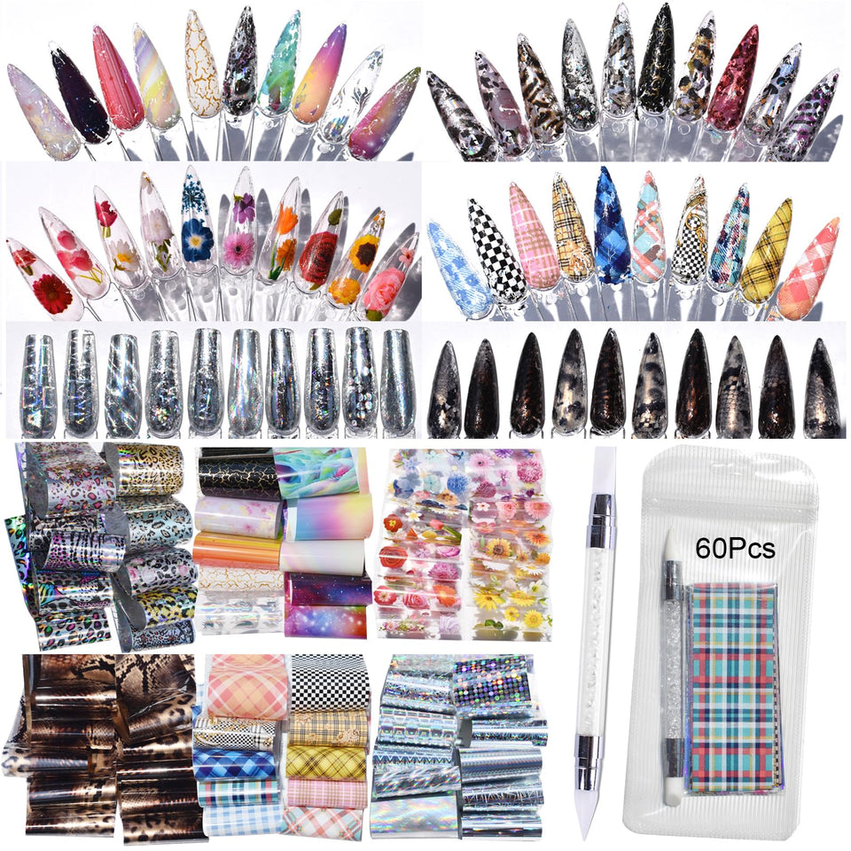 UARUOGP front packaging showing full 60-piece foil set and included silicone tool for variety