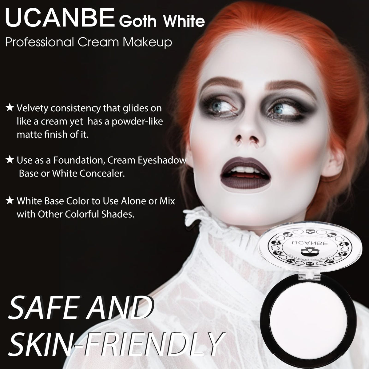 UCANBE applied on face showing opaque white coverage and crisp detail