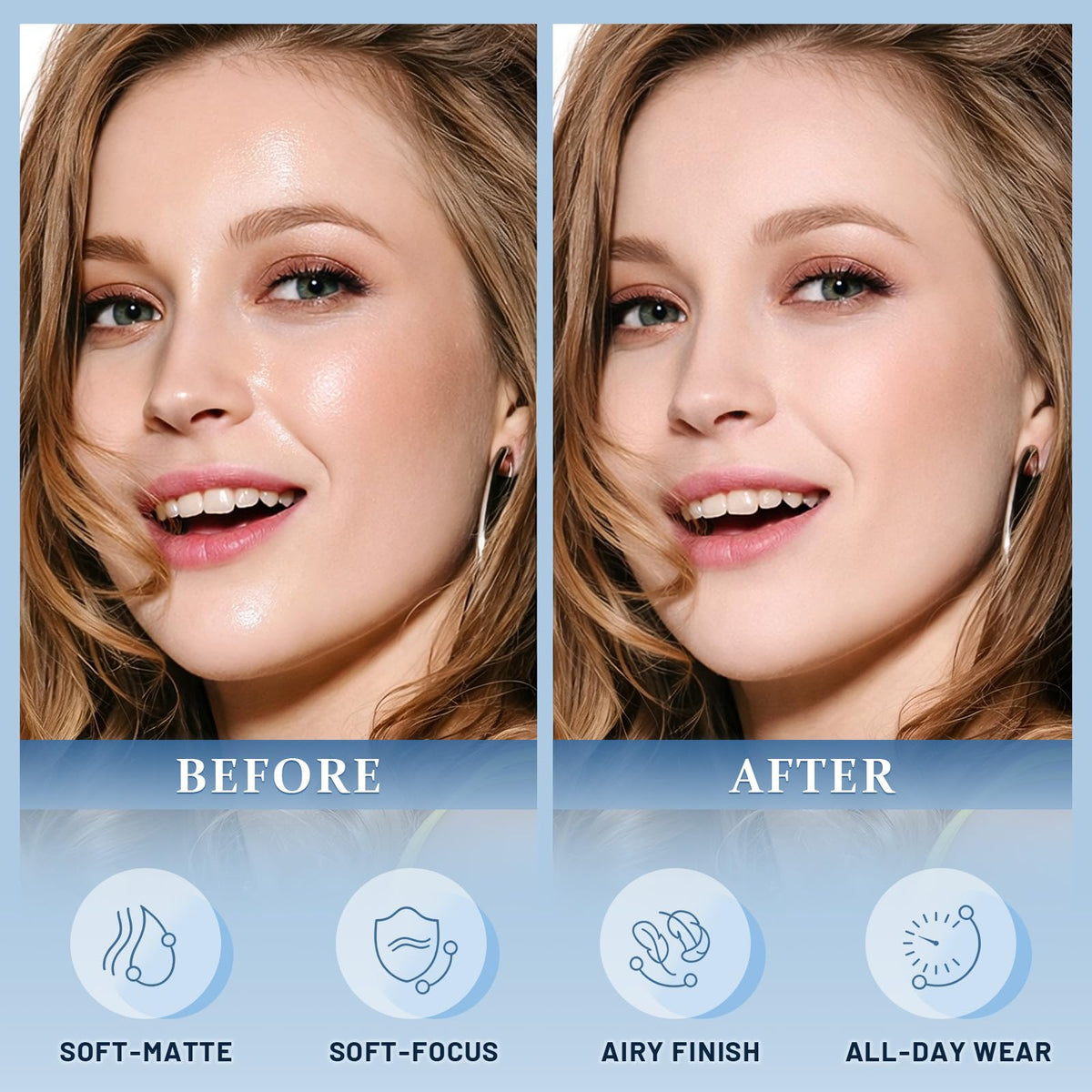 UCANBE puff applying powder on cheek to control shine and smooth skin