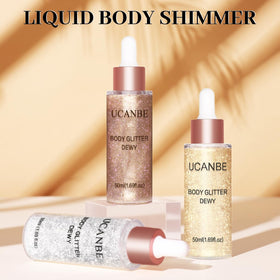UCANBE bottle held in hand for scale showing compact, travel-friendly shimmer drop size