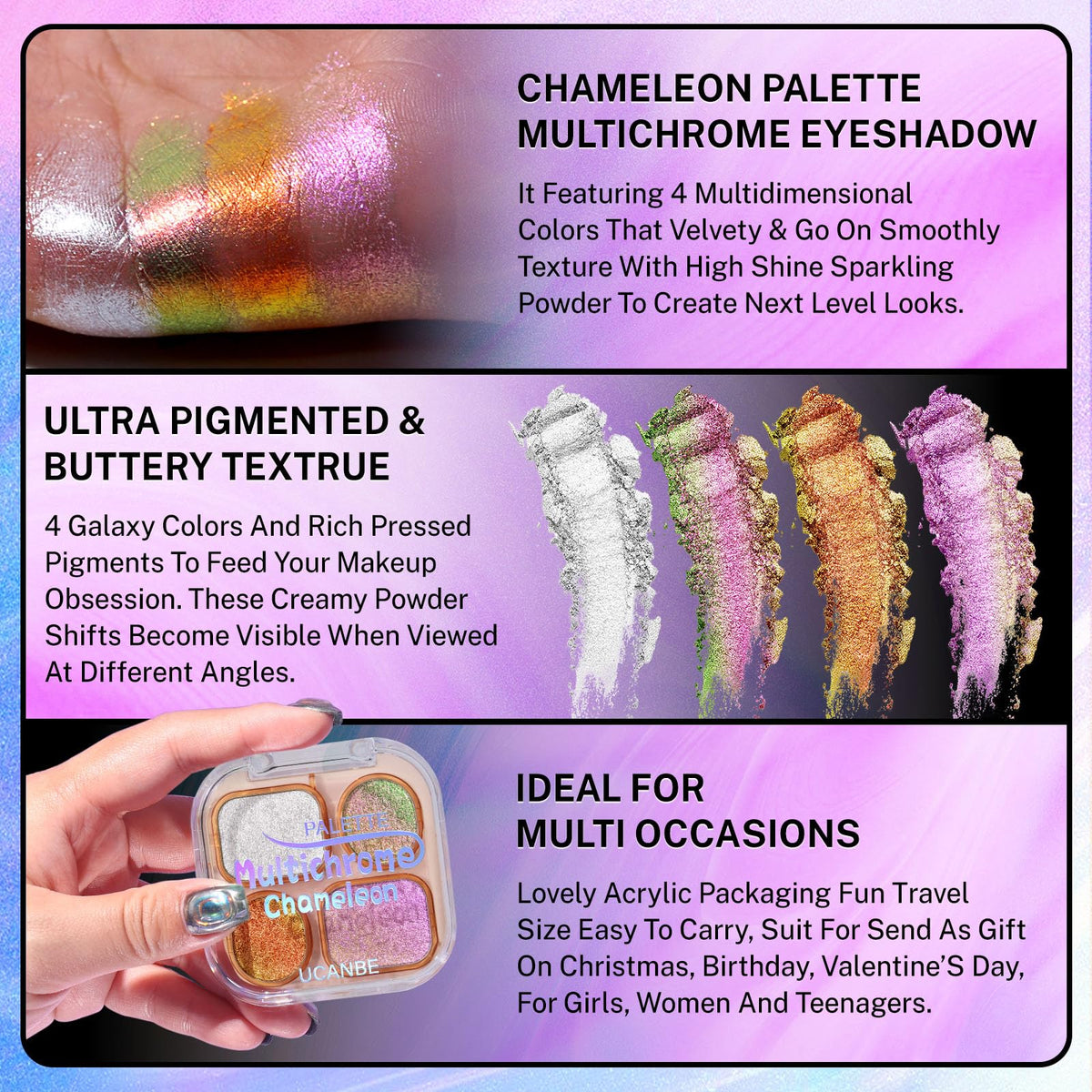 UCANBE close-up of pan texture revealing creamy shimmer and high-reflective pigments