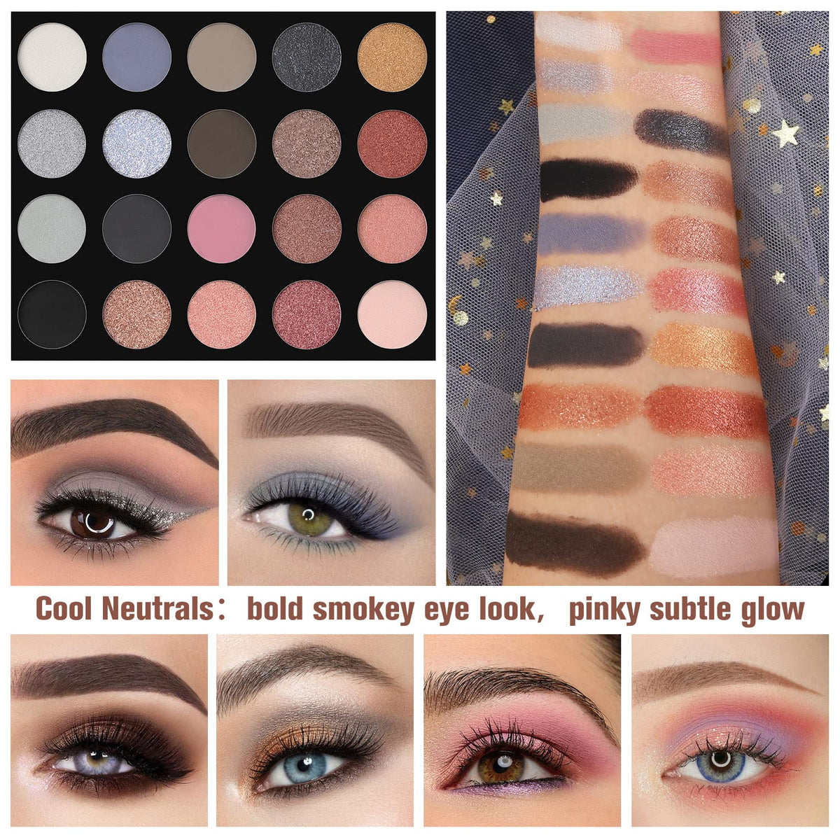 UCANBE close-up of matte and shimmer textures, smooth blendability benefit
