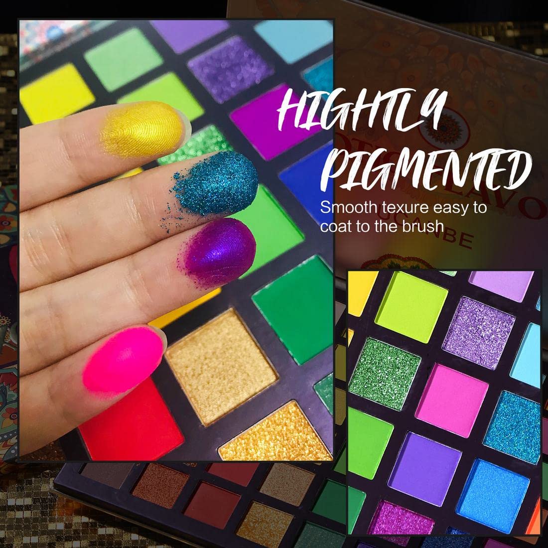 UCANBE neon pigment applied on brush showing vibrant color payoff for festival looks