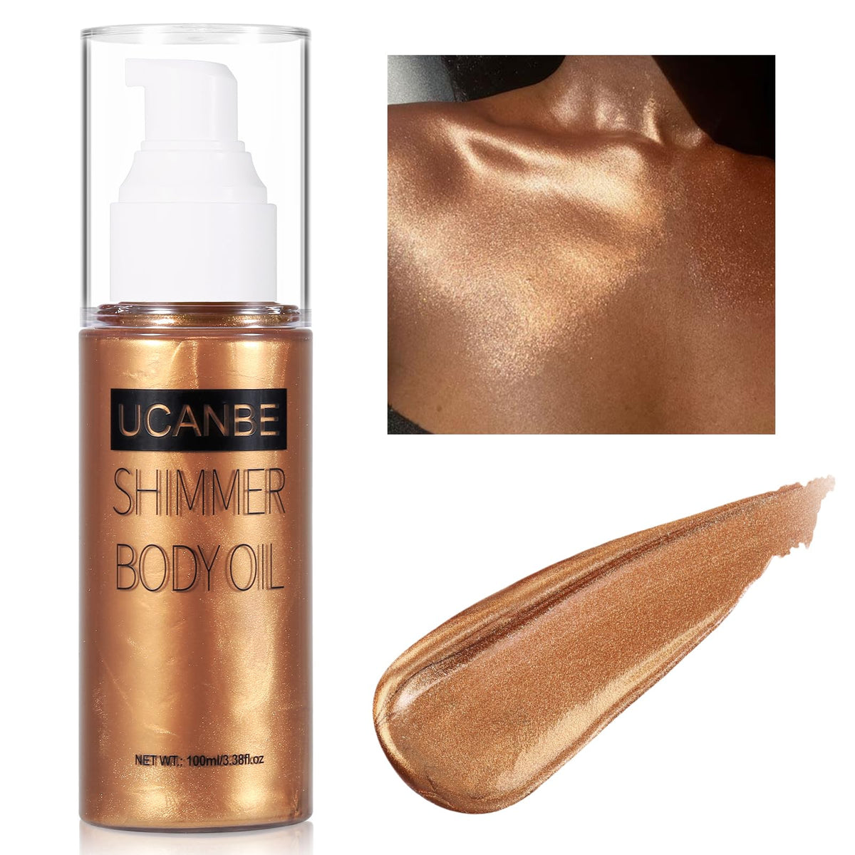 UCANBE front bottle showing 100ml shimmer oil and waterproof glow benefit