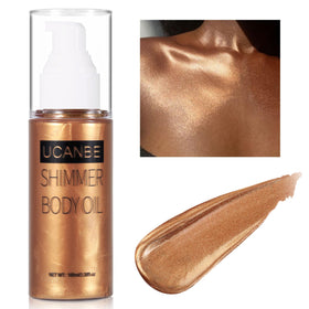 UCANBE front bottle showing 100ml shimmer oil and waterproof glow benefit