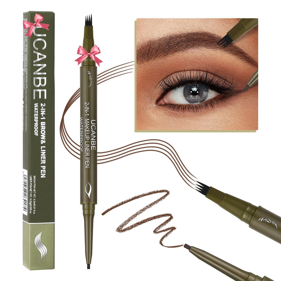 UCANBE front packaging showing dual-ended brow and liner, convenient travel pen