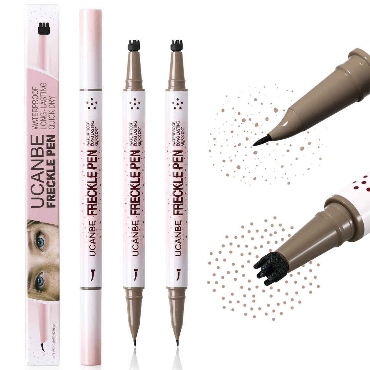 UCANBE front packaging showing two dual-ended freckle pens and benefits