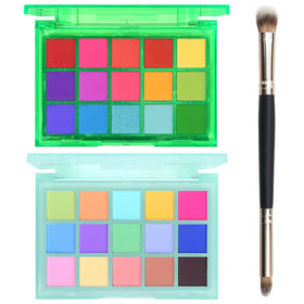UCANBE front view of two palettes showing vibrant shades and travel-ready case