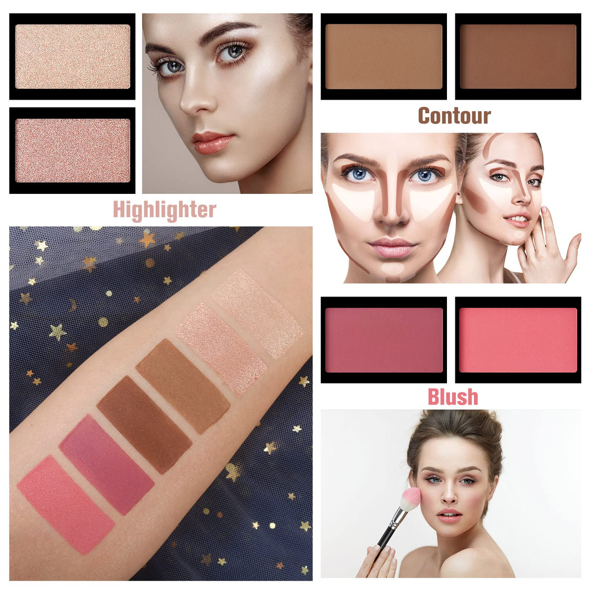 UCANBE highlighter and blush pans visible, ready for face finishing