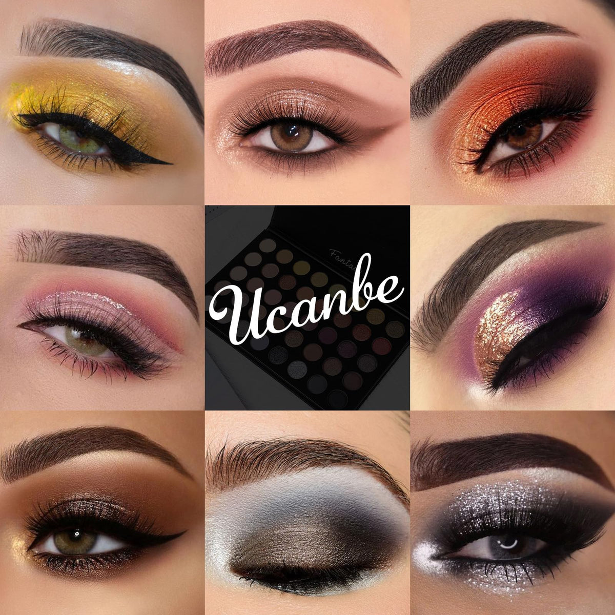 UCANBE palette in use on eyelid demonstrating blendable pigments and wearable finish