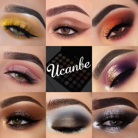 UCANBE palette in use on eyelid demonstrating blendable pigments and wearable finish