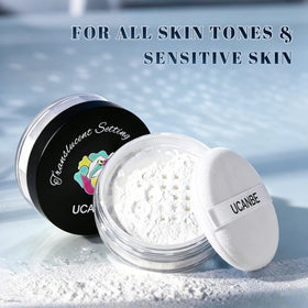 UCANBE powder in a makeup bag scene illustrating on-the-go oil control