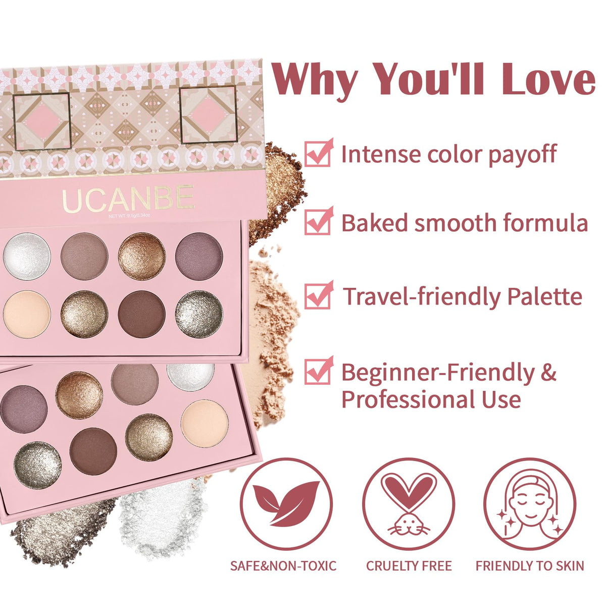 UCANBE open palette displaying all eight matte and shimmer shades for versatile looks