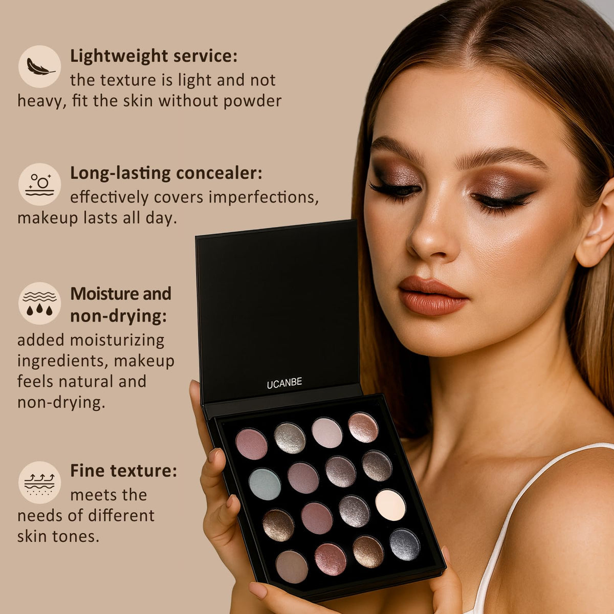 UCANBE neatly arranged 15-piece brush set illustrating tool variety and application control