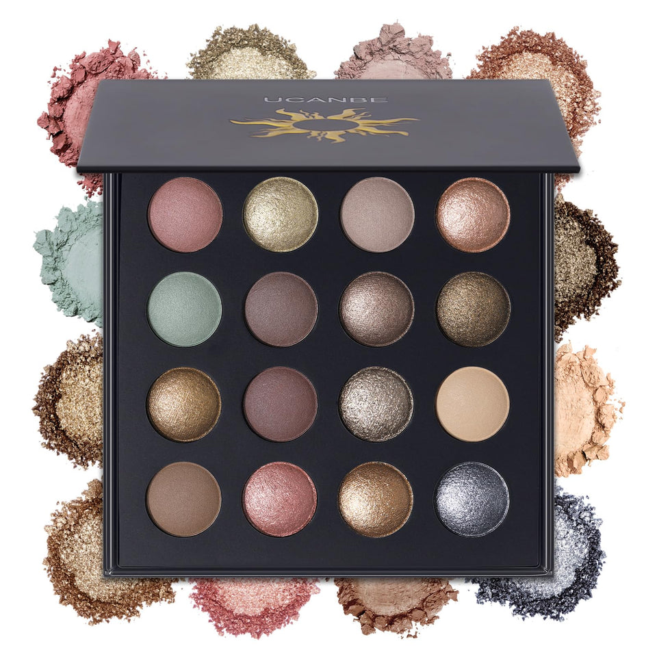 UCANBE palette front open showing all 16 shades and finish variety
