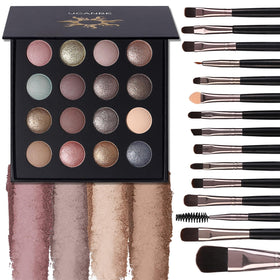 UCANBE palette front open showing 16 shades and included brushes for versatile looks