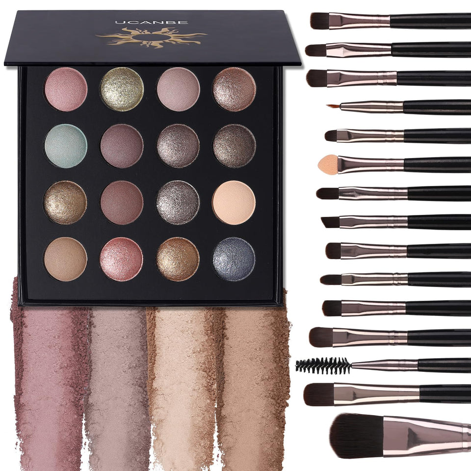 UCANBE palette front open showing 16 shades and included brushes for versatile looks