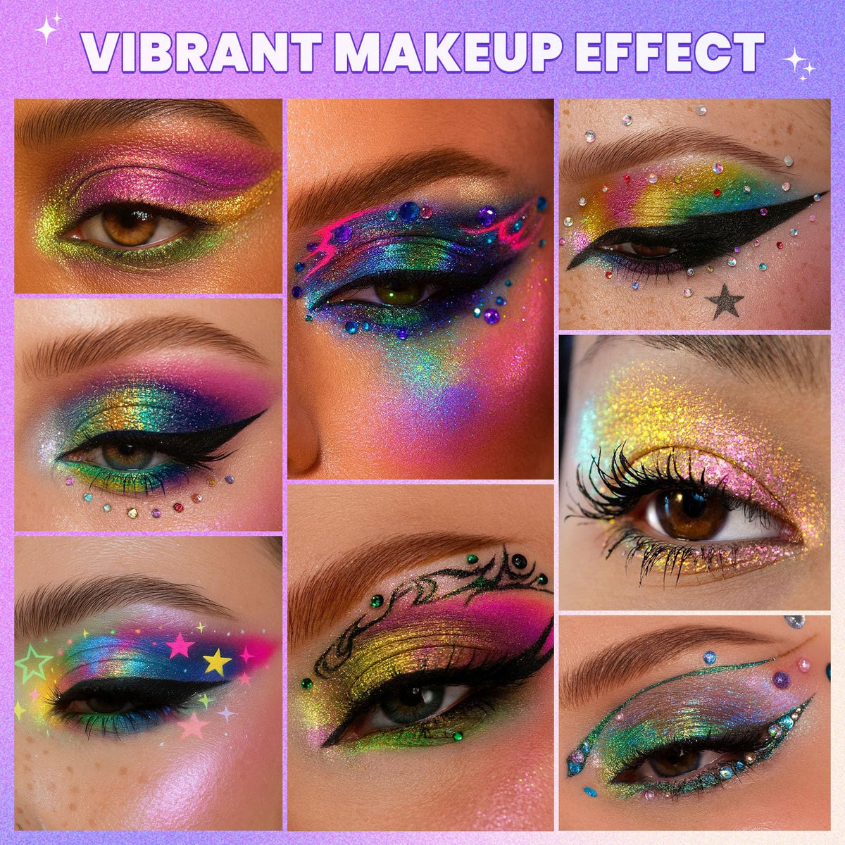 UCANBE eyeshadow applied in a festival makeup look demonstrating reflective metallic impact and lasting sheen