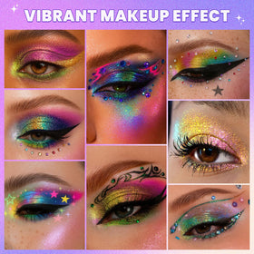 UCANBE eyeshadow applied in a festival makeup look demonstrating reflective metallic impact and lasting sheen