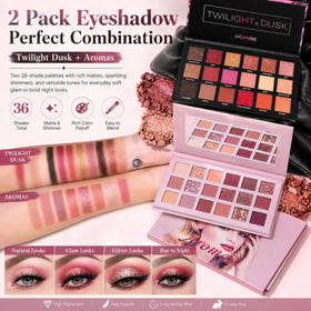 UCANBE open palettes flatlay displaying all 36 shades for mixing day and night looks