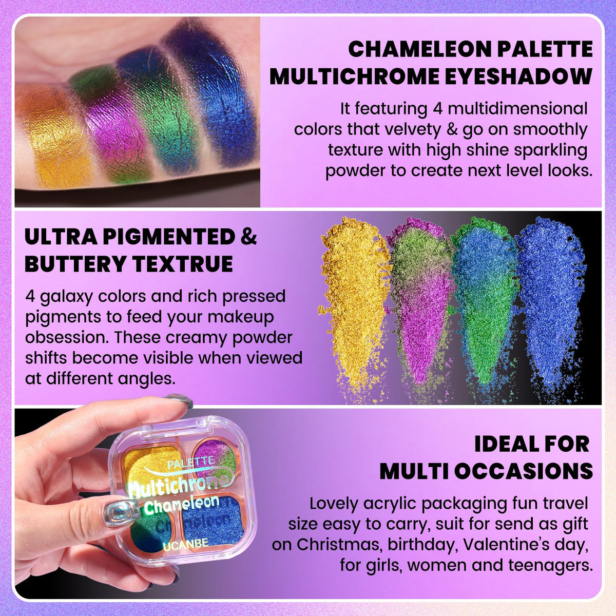 UCANBE close-up of pressed pigment texture highlighting creamy, blendable multichrome finish and shimmer