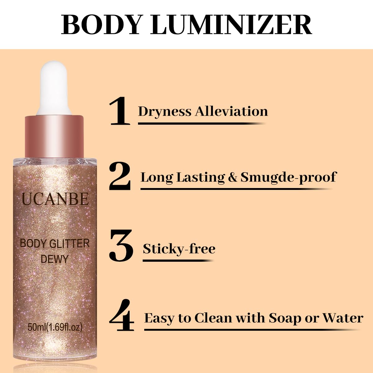 UCANBE dropper detail dispensing a drop of rose gold glow, shows precise control