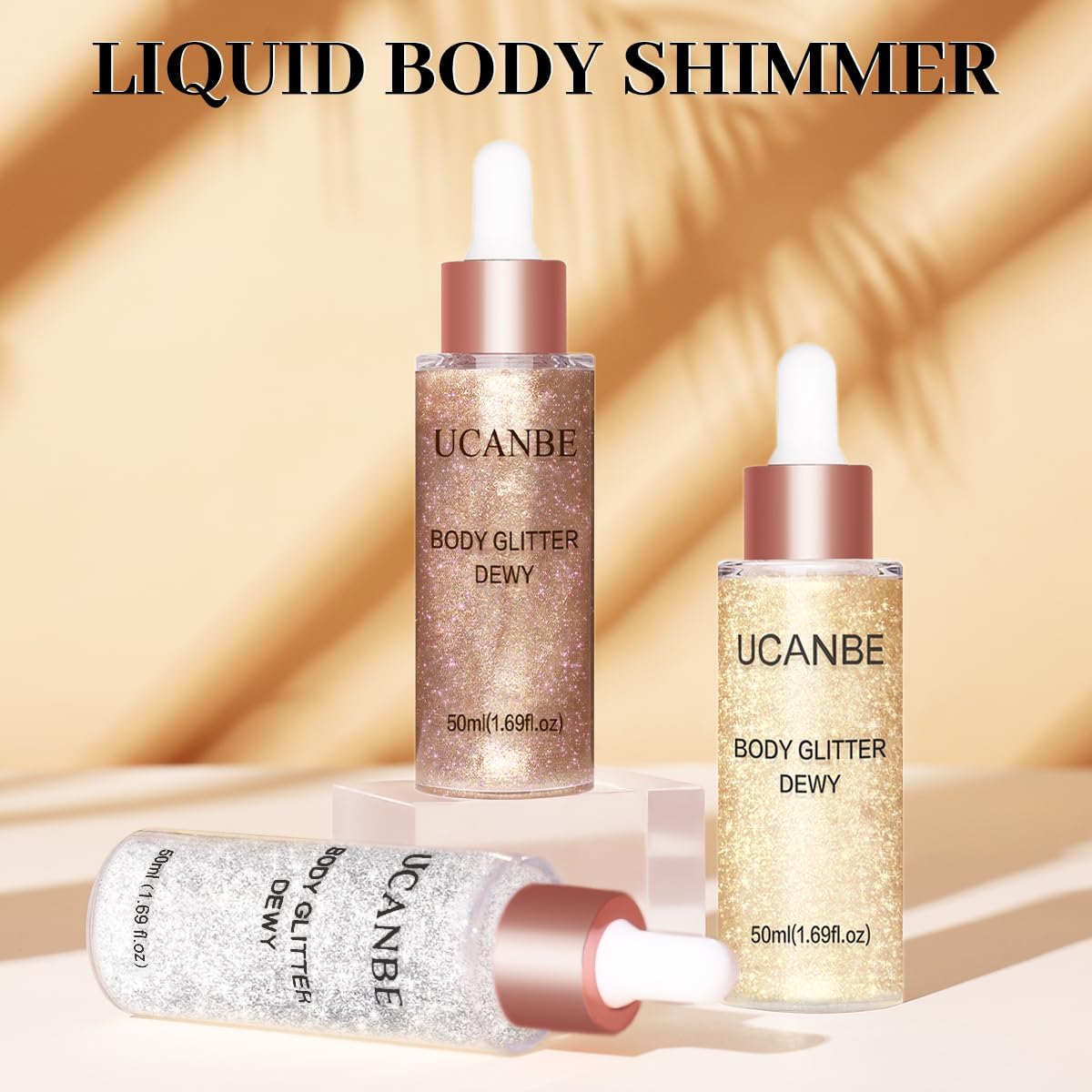 UCANBE on model legs for a festival look, illustrates buildable, reflective shimmer