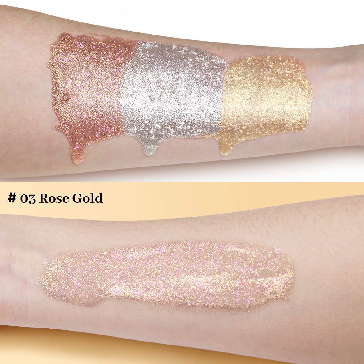 UCANBE texture close-up of rose gold shimmer, reveals fine luminous particles