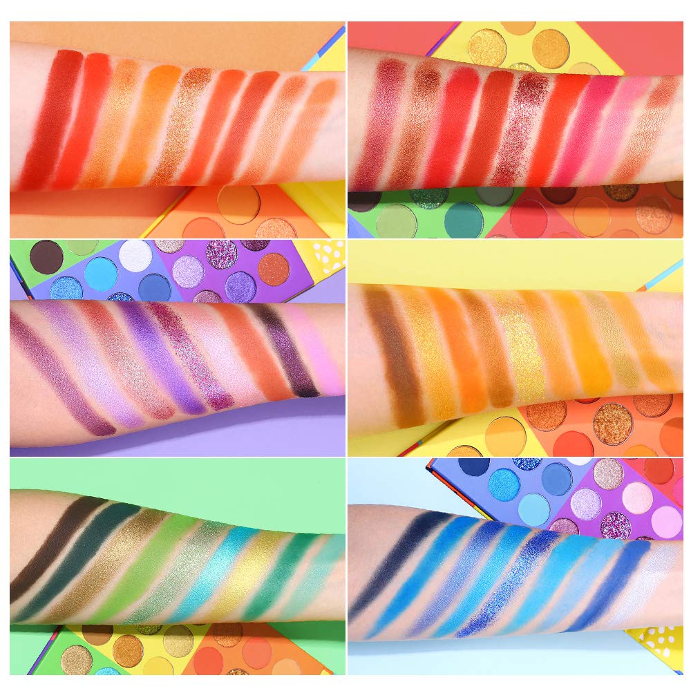 UCANBE colorful swatches on arm illustrating true-to-pan pigment and strong payoff