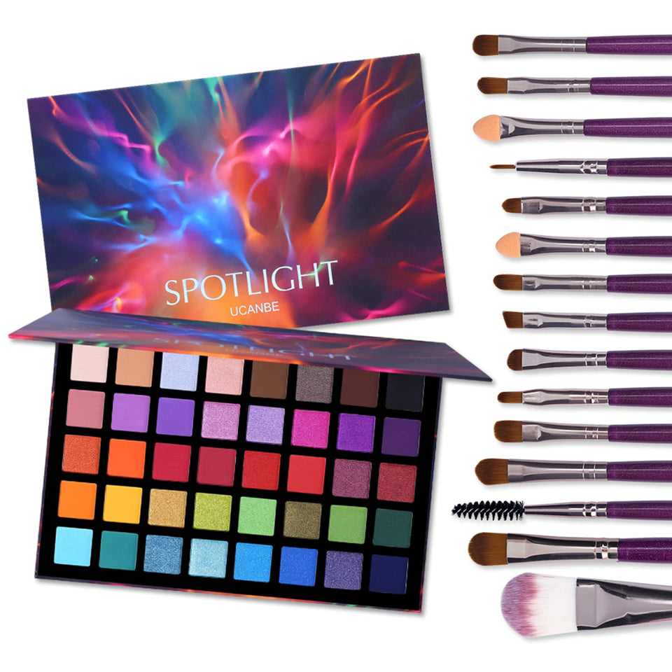 UCANBE Spotlight palette front open showing 40 shades and brush set benefit versatility