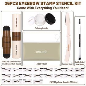UCANBE reusable stencil layout demonstrating varied brow shapes for customization