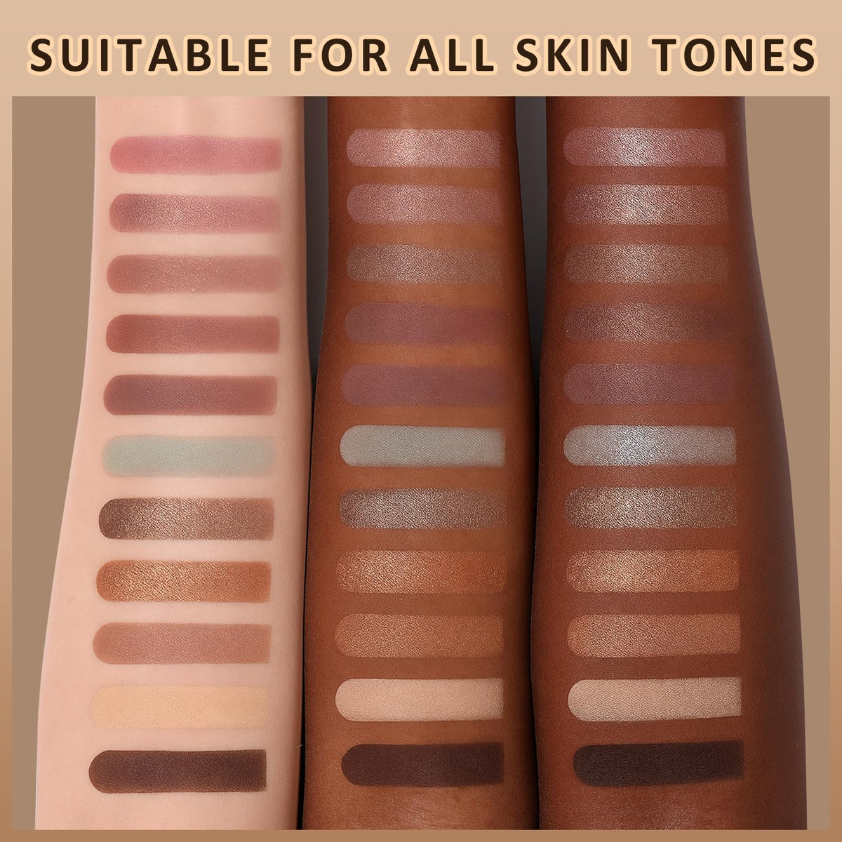 UCANBE texture swatches of matte and shimmer shades showing blendable, high-pigment payoff