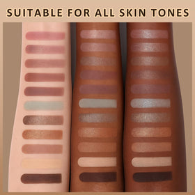 UCANBE texture swatches of matte and shimmer shades showing blendable, high-pigment payoff