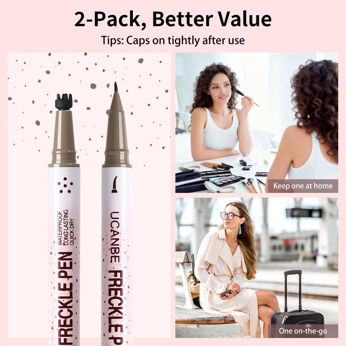 UCANBE pens inside makeup bag illustrating travel-friendly convenience