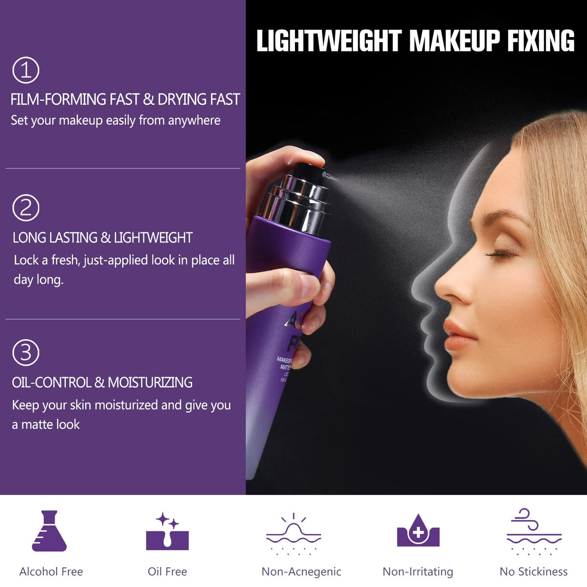 UCANBEMAKEUP mist spraying on model for long-wear benefit
