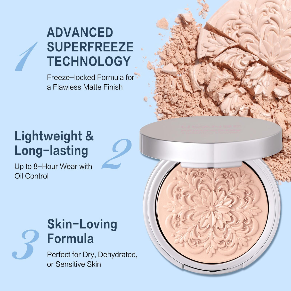 UCANBEMAKEUP brush applying powder to face for lightweight, matte coverage