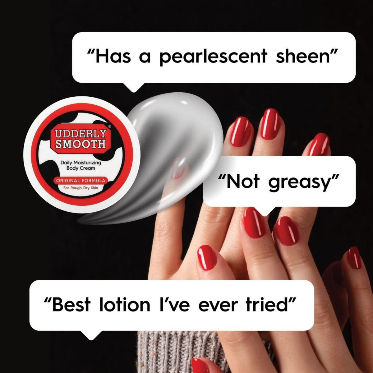 Udderly Smooth body cream 12 oz open jar showing creamy texture for lasting moisture