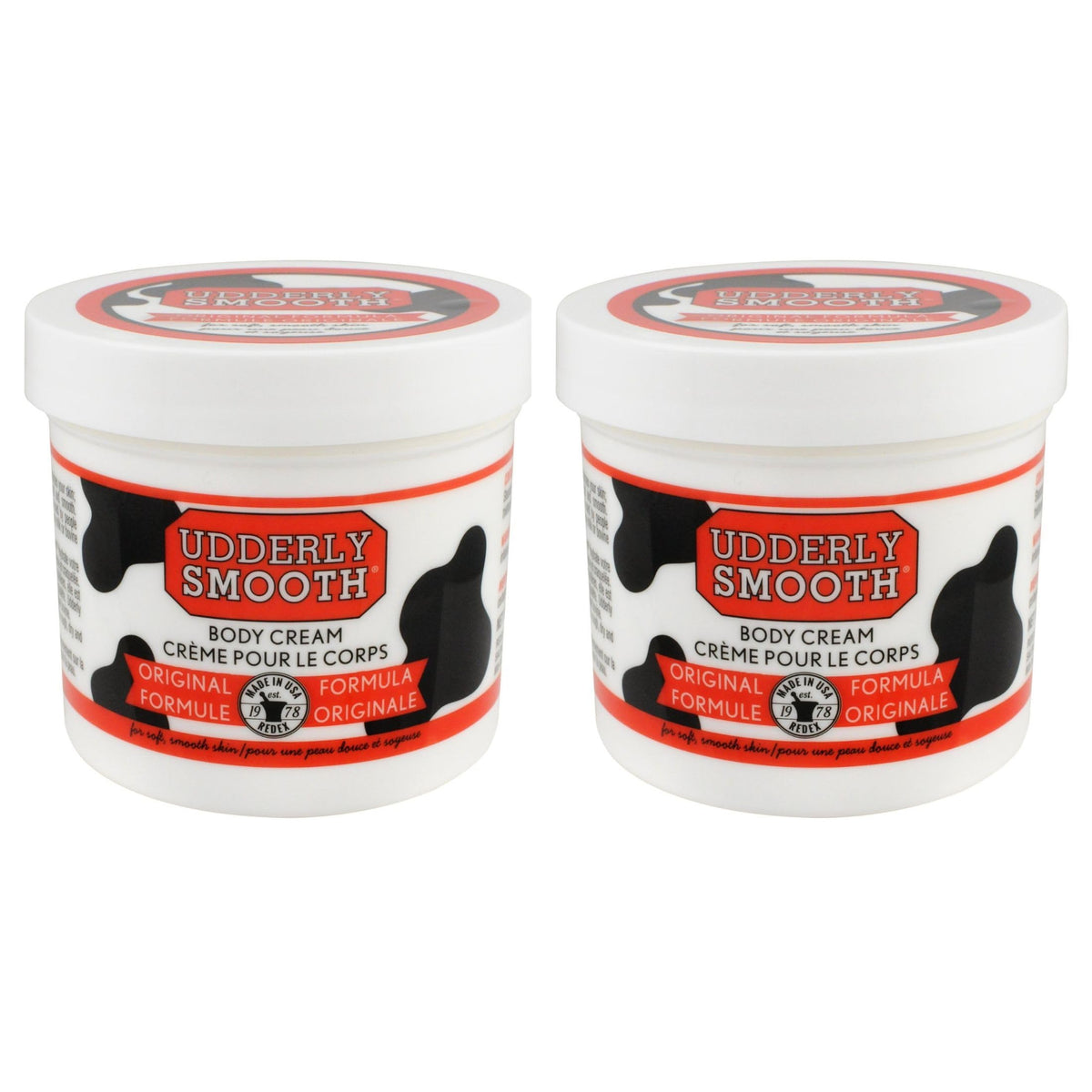 Udderly Smooth front jar showing label and 12 oz size, clear product benefit