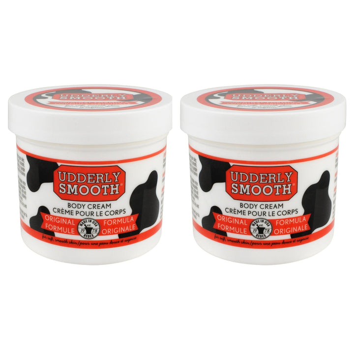 Udderly Smooth front jar showing label and 12 oz size, clear product benefit