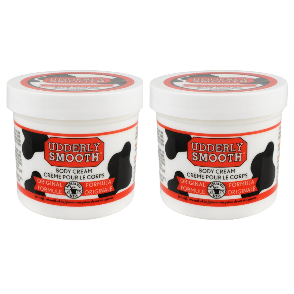 Udderly Smooth front jar showing label and 12 oz size, clear product benefit