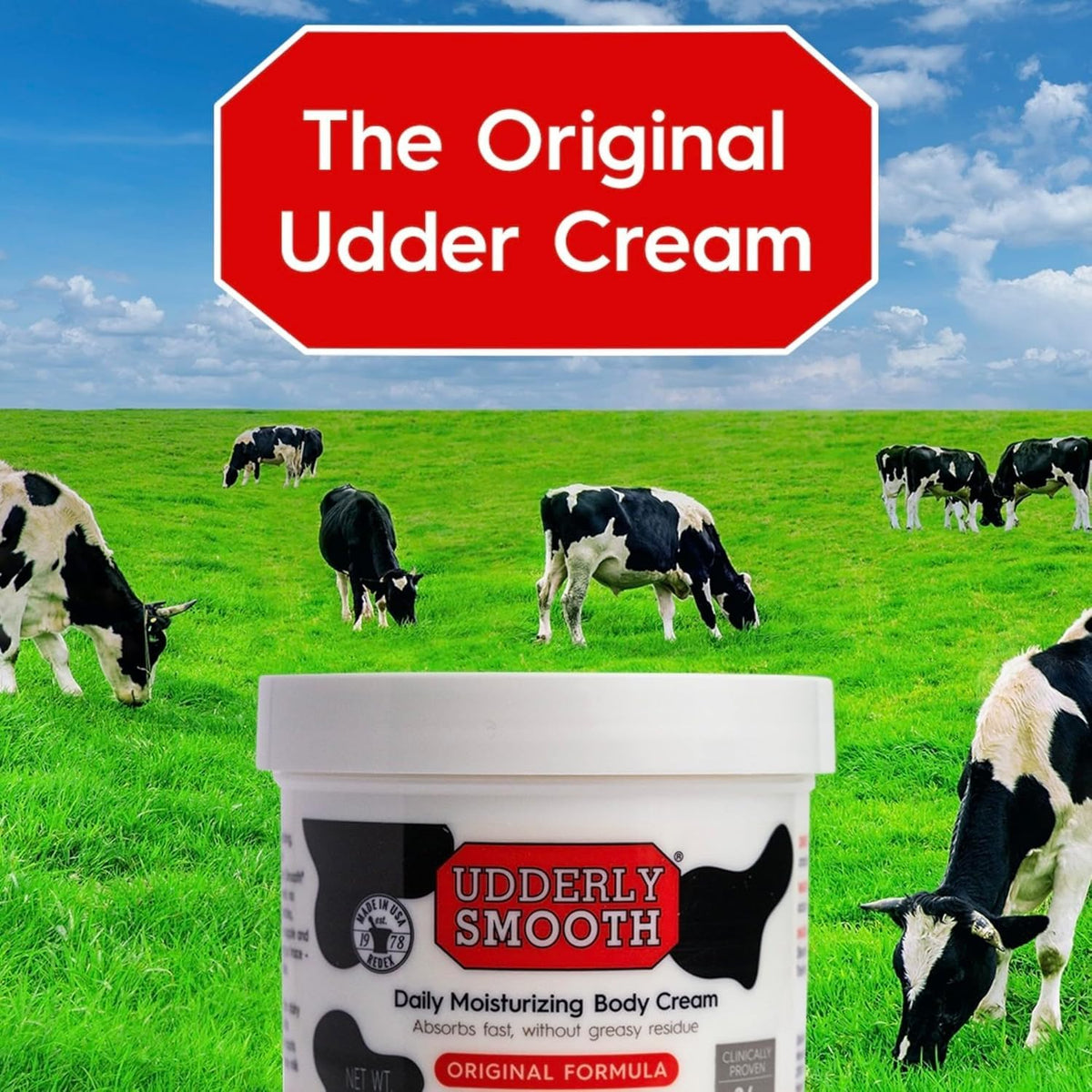 Hand applying Udderly Smooth cream for quick absorption and softer skin