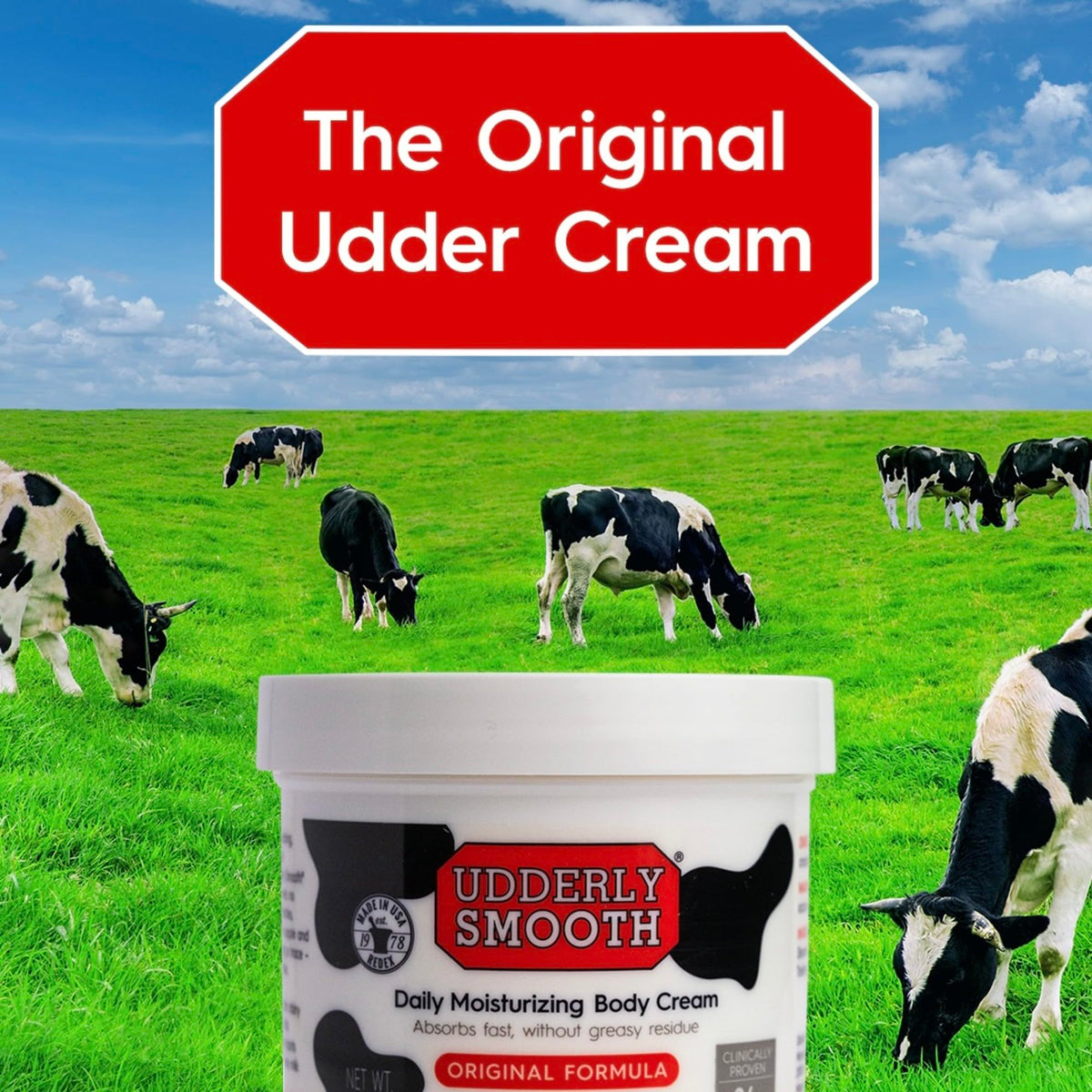Udderly Smooth size comparison with hand to show portable and full-size convenience