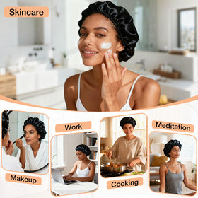 Udefineit woman wearing bonnet while sleeping preserving curls overnight