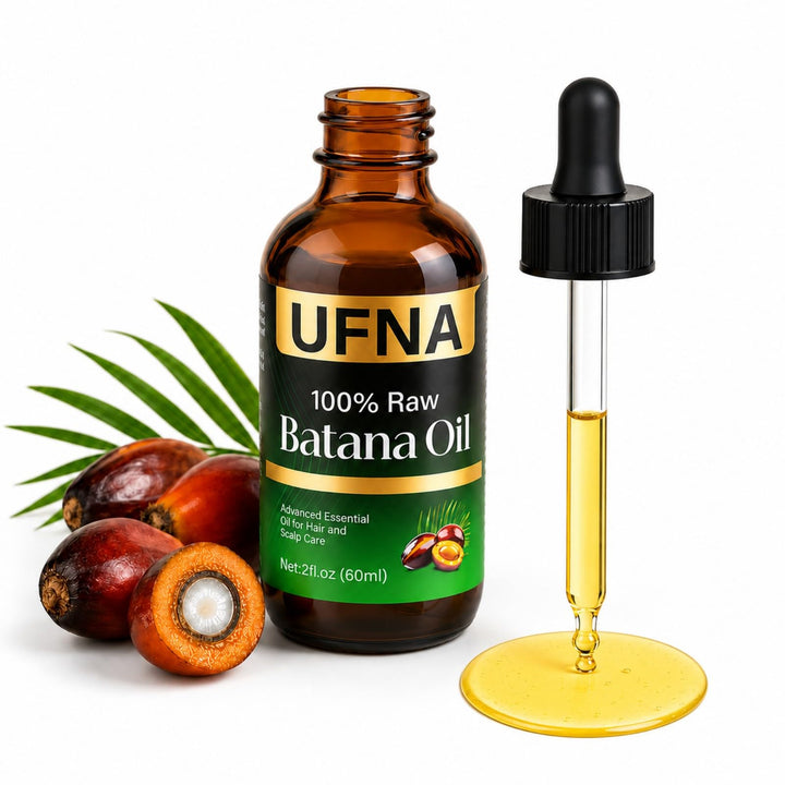 UFNA batana oil front bottle showing label and 60ml size benefit shine