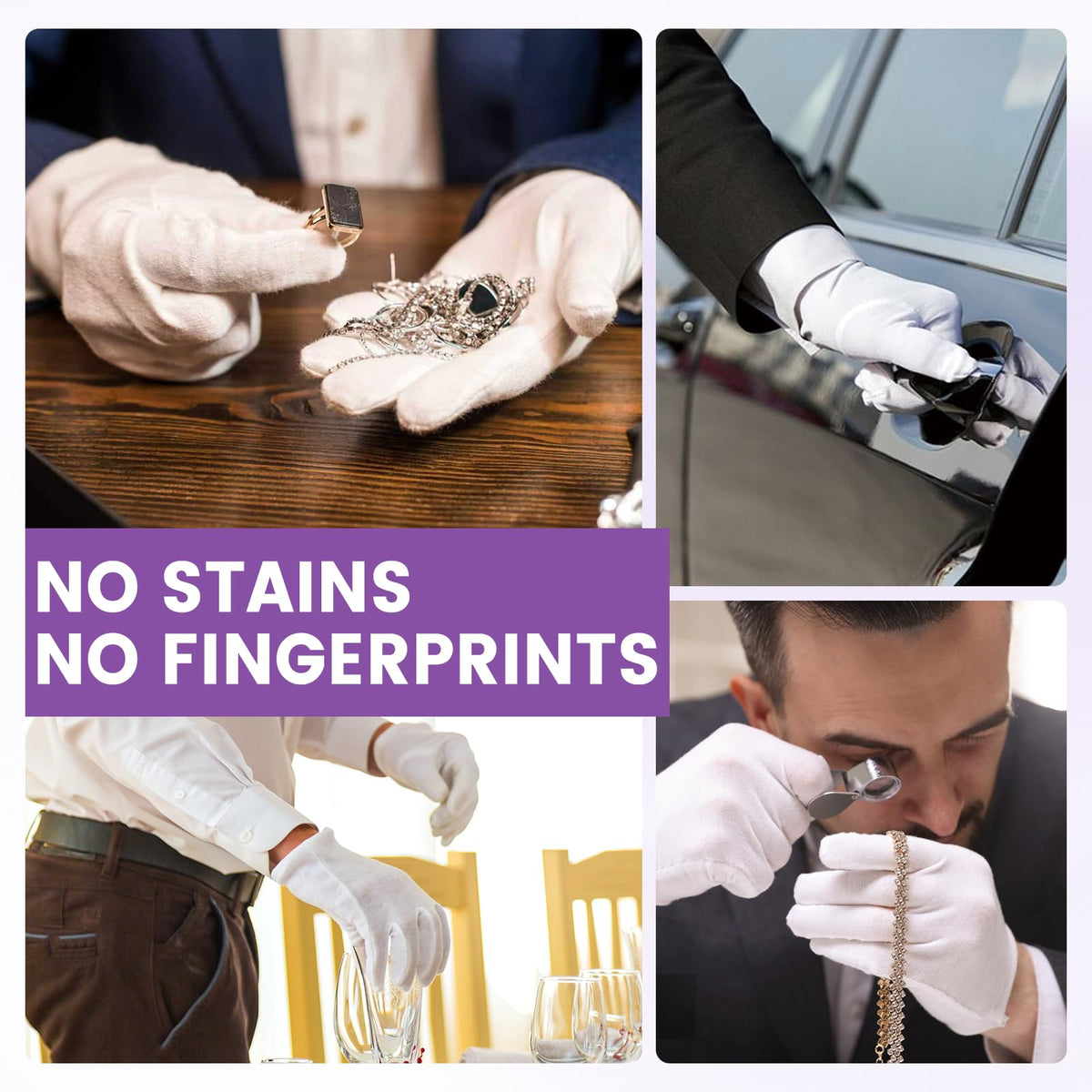 UGODAR gloves handling a silver pendant showing fingerprint-free protection