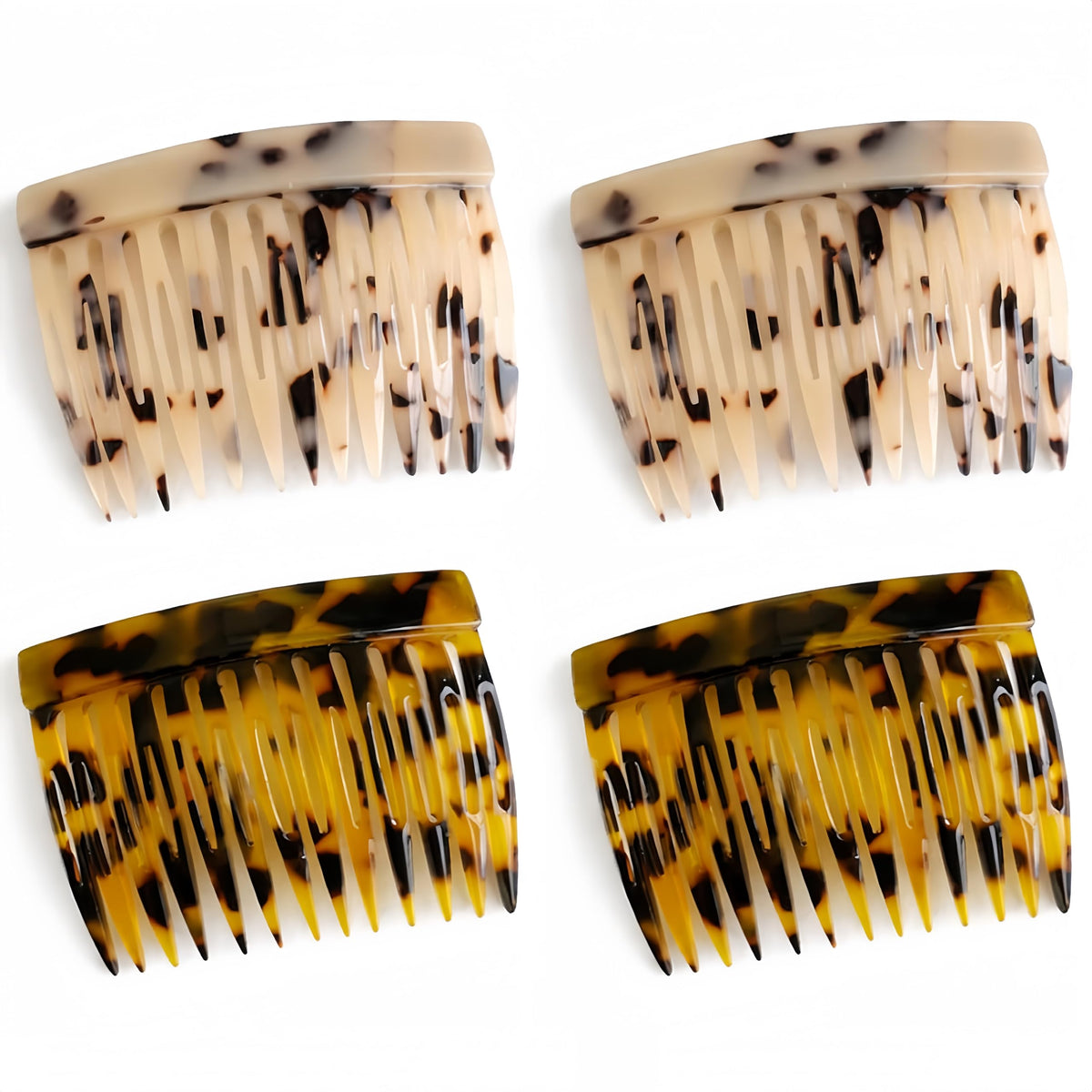 UKSKS front view of four tortoise-shell side combs, elegant travel-ready set